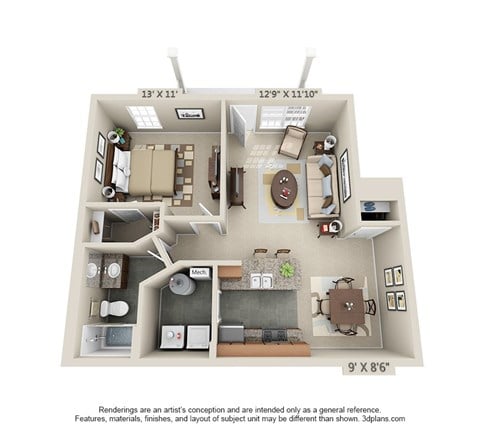 Floor plan for 1 bed, 1 bath, 746 sqft